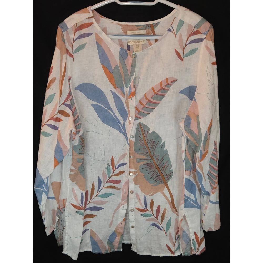 Cynthia Rowley Linen Button Down Blouse Floral Leaves Print‎ Womens Plus 1X